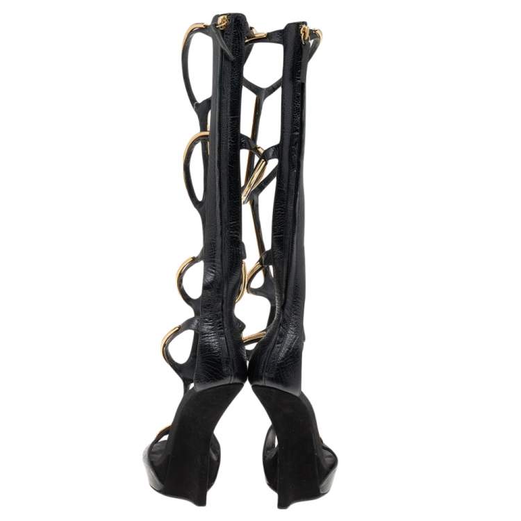 Pre Owned Giuseppe Zanotti Black Suede Gold Bar Sculpted Gladiator Sandals Size 37