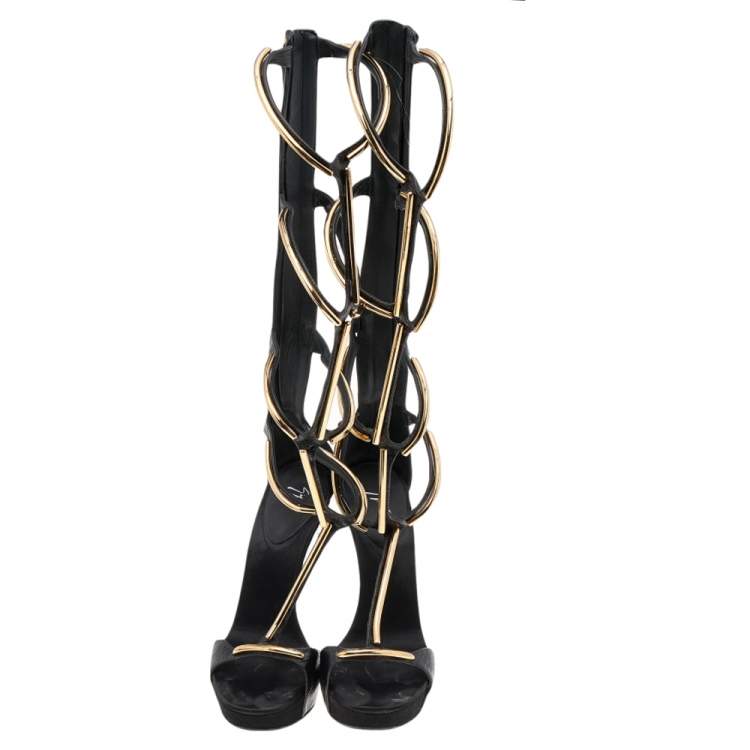 Pre Owned Giuseppe Zanotti Black Suede Gold Bar Sculpted Gladiator Sandals Size 37