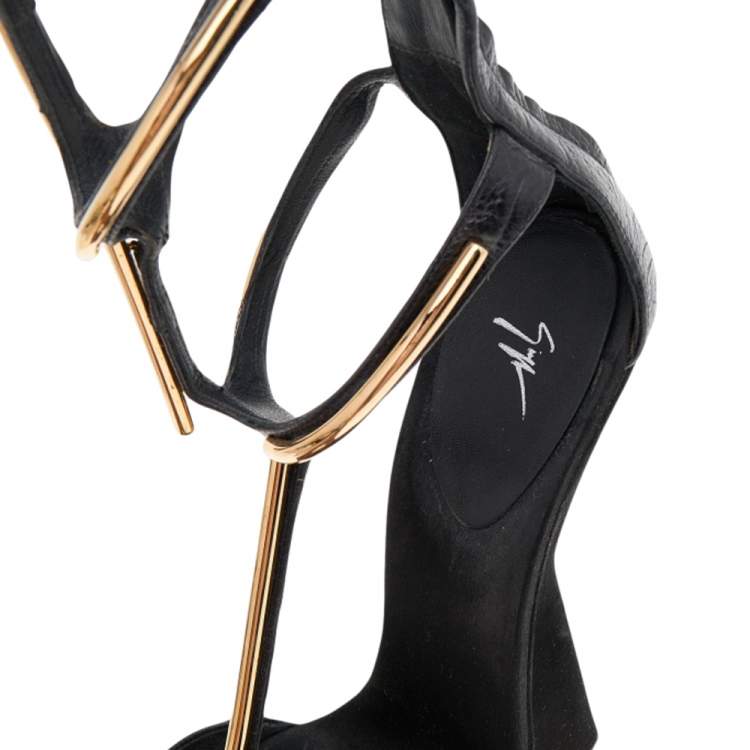 Pre Owned Giuseppe Zanotti Black Suede Gold Bar Sculpted Gladiator Sandals Size 37