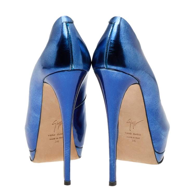 Pre Owned Giuseppe Zanotti Metallic Blue Leather Peep Toe Platform Pumps Size 36