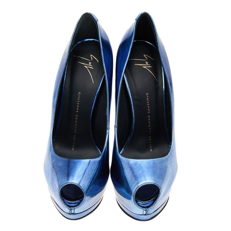 Pre Owned Giuseppe Zanotti Metallic Blue Leather Peep Toe Platform Pumps Size 36