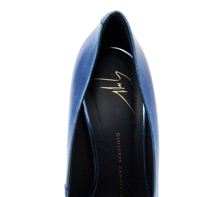 Pre Owned Giuseppe Zanotti Metallic Blue Leather Peep Toe Platform Pumps Size 36