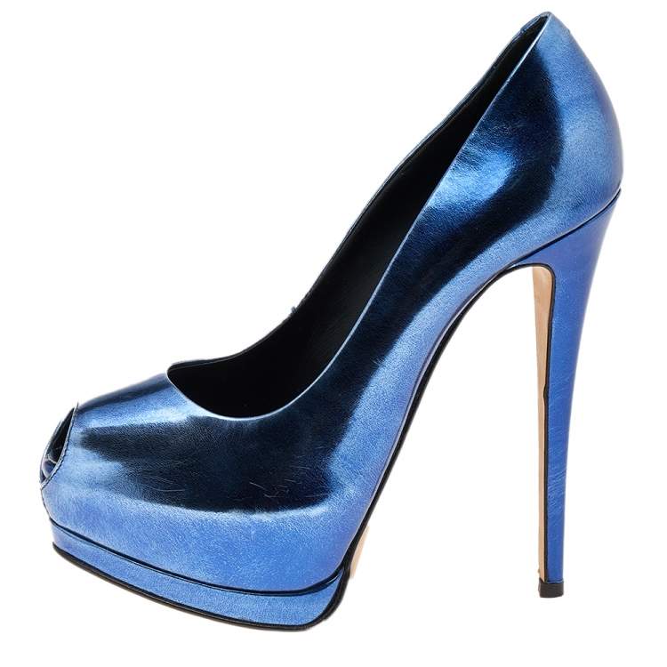 Pre Owned Giuseppe Zanotti Metallic Blue Leather Peep Toe Platform Pumps Size 36