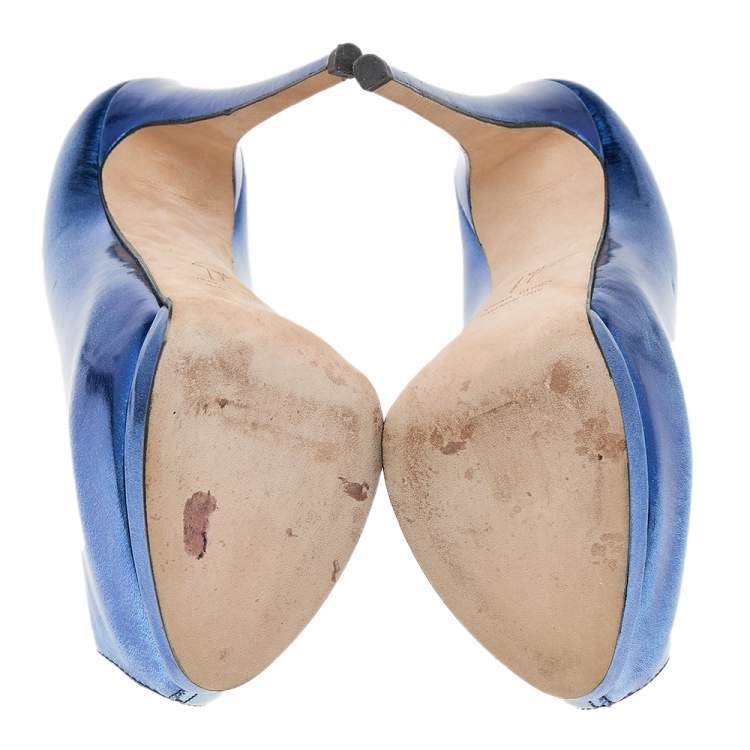 Pre Owned Giuseppe Zanotti Metallic Blue Leather Peep Toe Platform Pumps Size 36