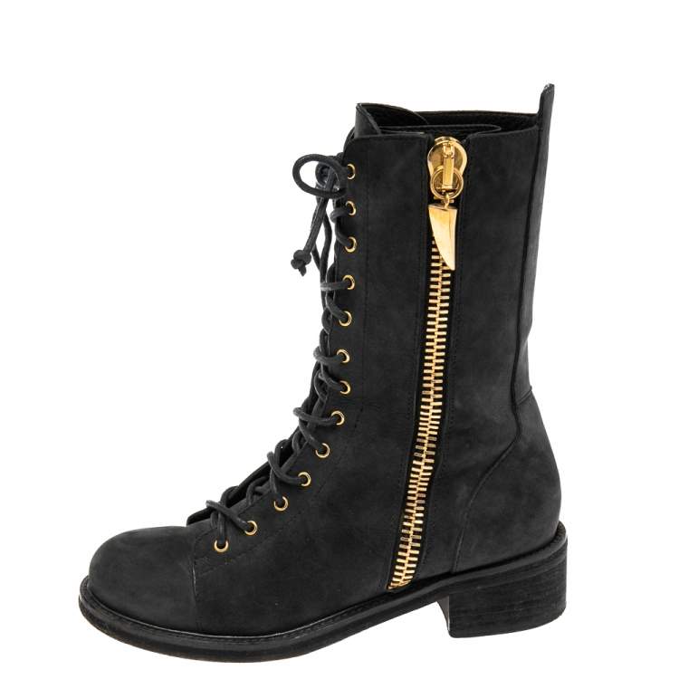 Pre Owned Giuseppe Zanotti Black Nubuck Leather Mid Calf  Boots Size 38