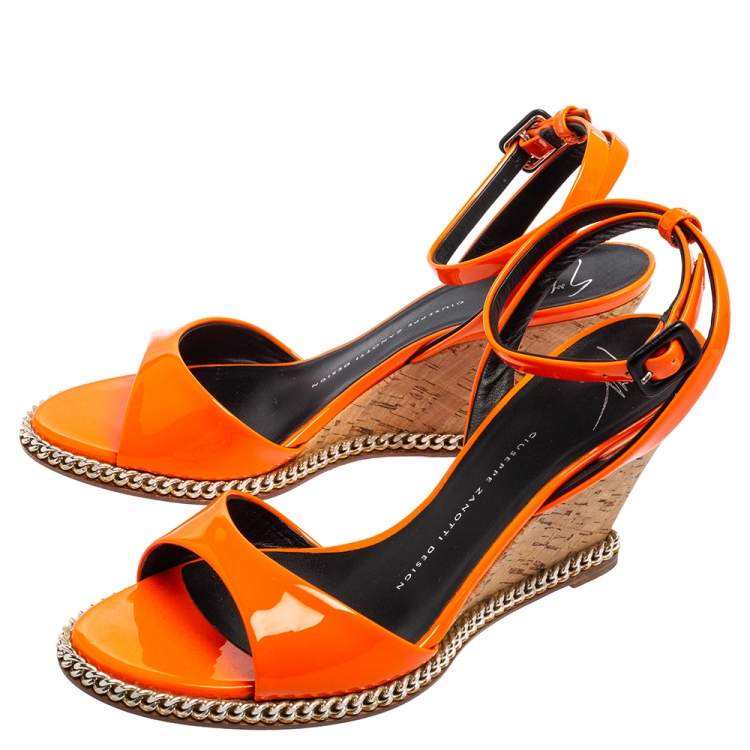 Pre Owned Giuseppe Zanotti Orange Patent Leather Ankle-Strap Chain Wedge Sandals Size 38.5 