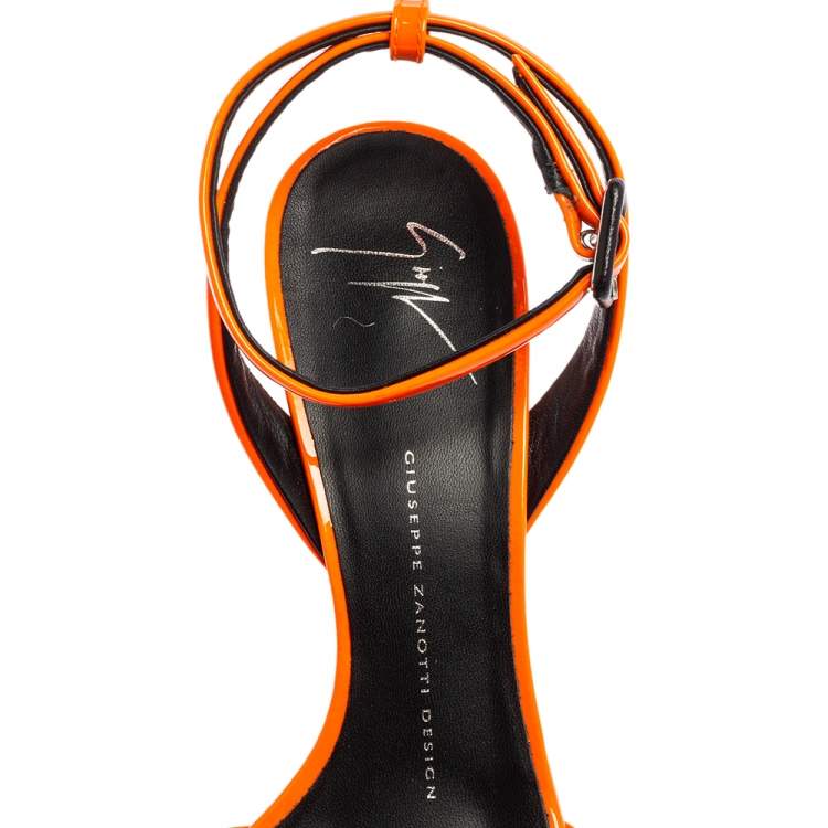 Pre Owned Giuseppe Zanotti Orange Patent Leather Ankle-Strap Chain Wedge Sandals Size 38.5 