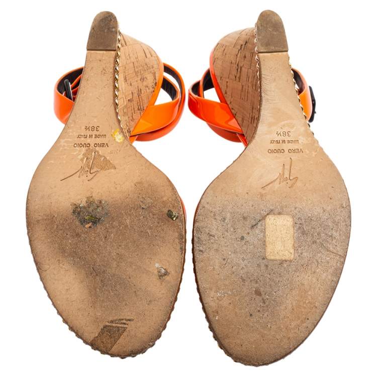 Pre Owned Giuseppe Zanotti Orange Patent Leather Ankle-Strap Chain Wedge Sandals Size 38.5 