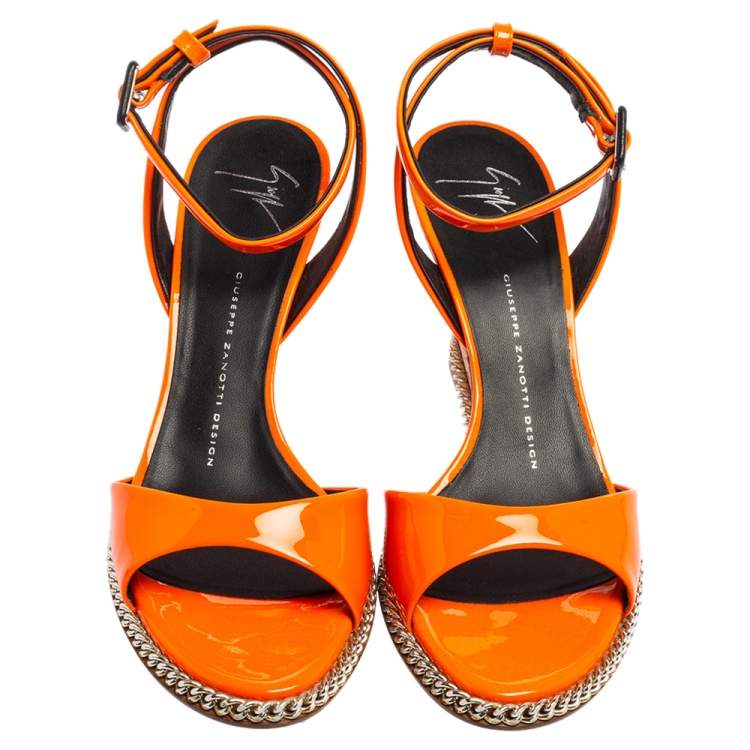 Pre Owned Giuseppe Zanotti Orange Patent Leather Ankle-Strap Chain Wedge Sandals Size 38.5 