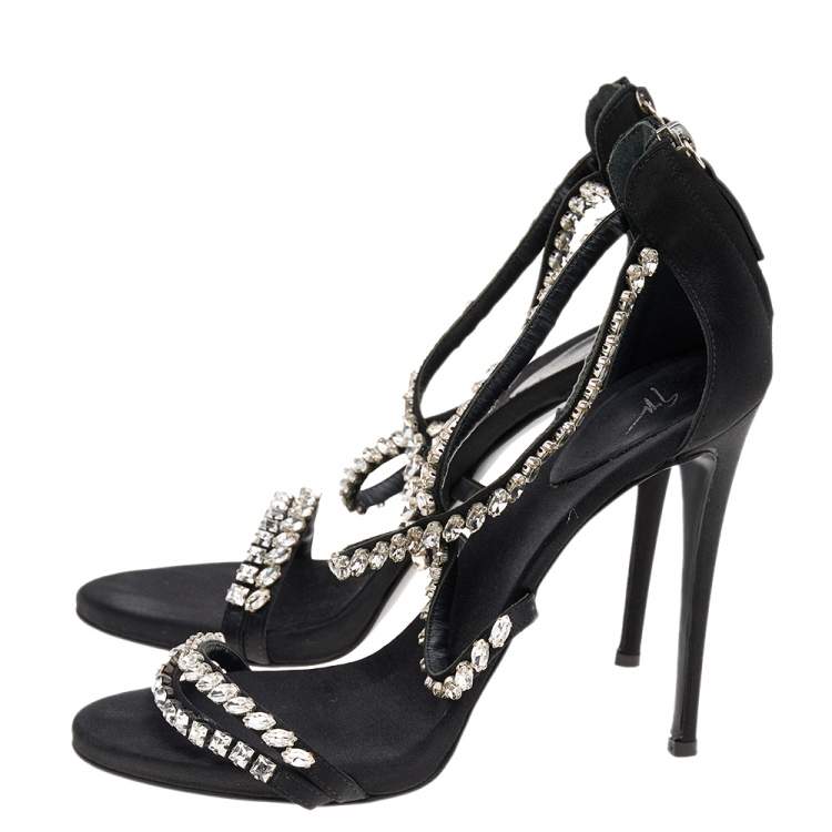 Pre Owned Giuseppe Zanotti Black Satin Crystal Embellished Strappy Zipper Sandals Size 39