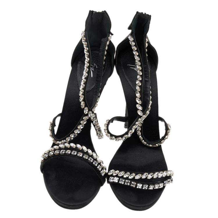 Pre Owned Giuseppe Zanotti Black Satin Crystal Embellished Strappy Zipper Sandals Size 39