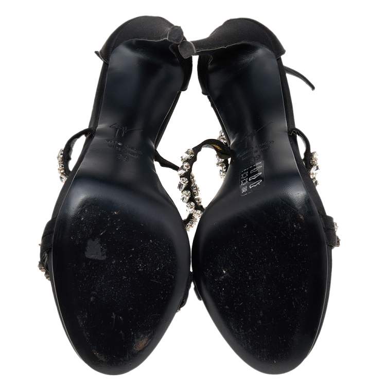 Pre Owned Giuseppe Zanotti Black Satin Crystal Embellished Strappy Zipper Sandals Size 39