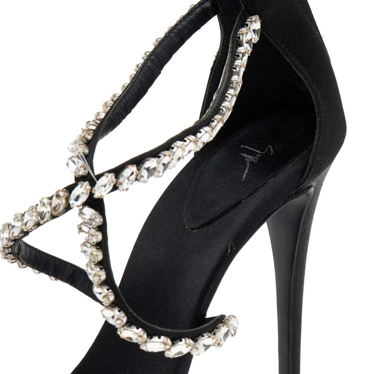 Pre Owned Giuseppe Zanotti Black Satin Crystal Embellished Strappy Zipper Sandals Size 39