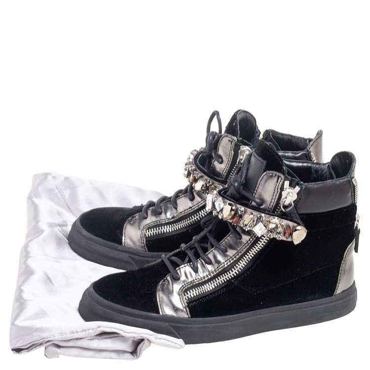 Pre Owned Giuseppe Zanotti Black Leather and Velvet Crystal Strap High Top Sneakers Size 39.5