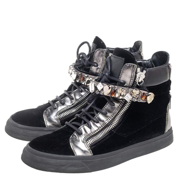 Pre Owned Giuseppe Zanotti Black Leather and Velvet Crystal Strap High Top Sneakers Size 39.5