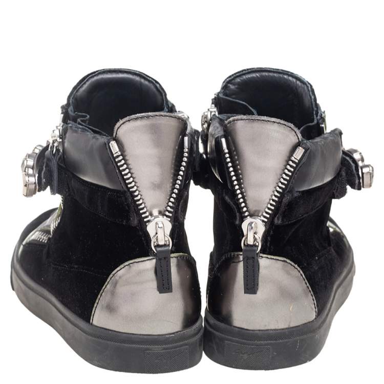 Pre Owned Giuseppe Zanotti Black Leather and Velvet Crystal Strap High Top Sneakers Size 39.5