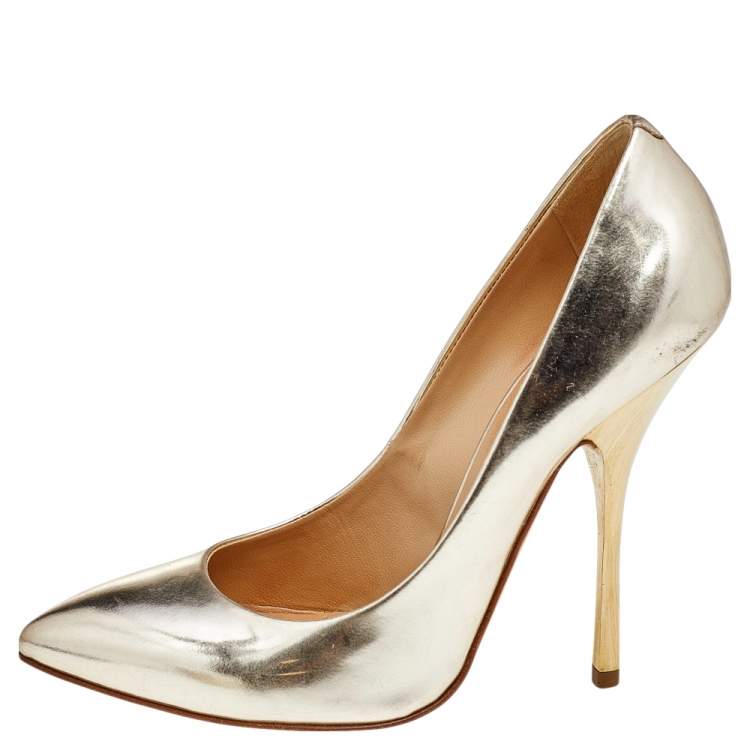 Pre Owned Giuseppe Zanotti Metallic Gold Leather Pointed Toe Pumps Size 37.5