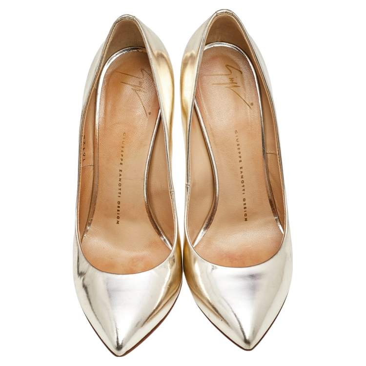 Pre Owned Giuseppe Zanotti Metallic Gold Leather Pointed Toe Pumps Size 37.5