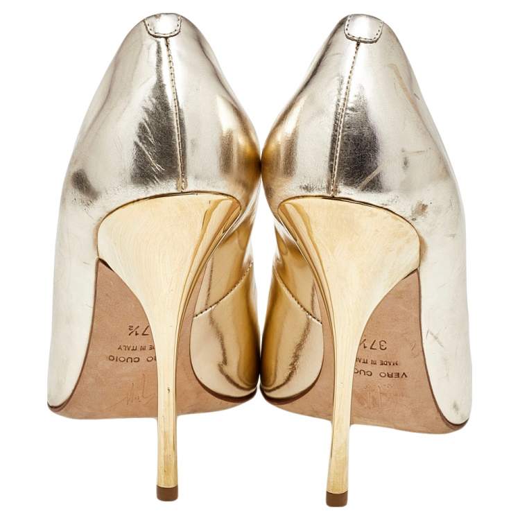 Pre Owned Giuseppe Zanotti Metallic Gold Leather Pointed Toe Pumps Size 37.5