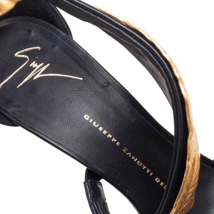 Pre Owned Giuseppe Zanotti Black Leather Gold-Toned Metal Embellished Leaf Ankle-Strap Sandals Size 40
