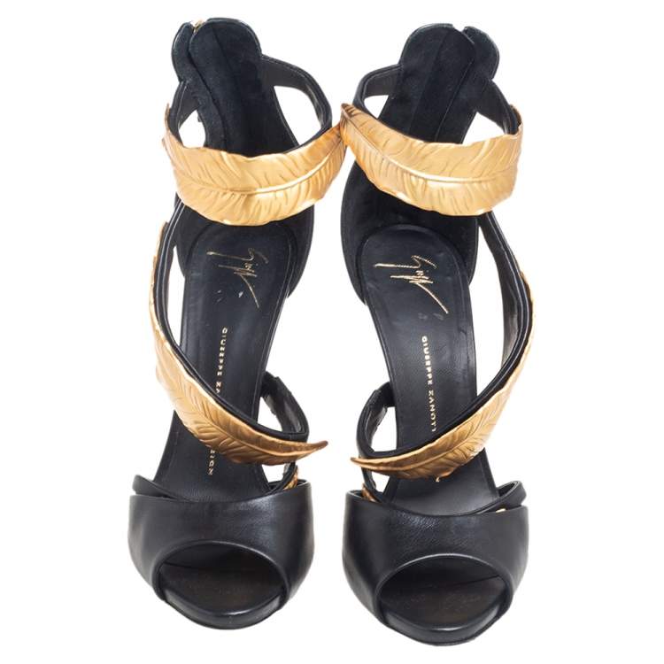 Pre Owned Giuseppe Zanotti Black Leather Gold-Toned Metal Embellished Leaf Ankle-Strap Sandals Size 40