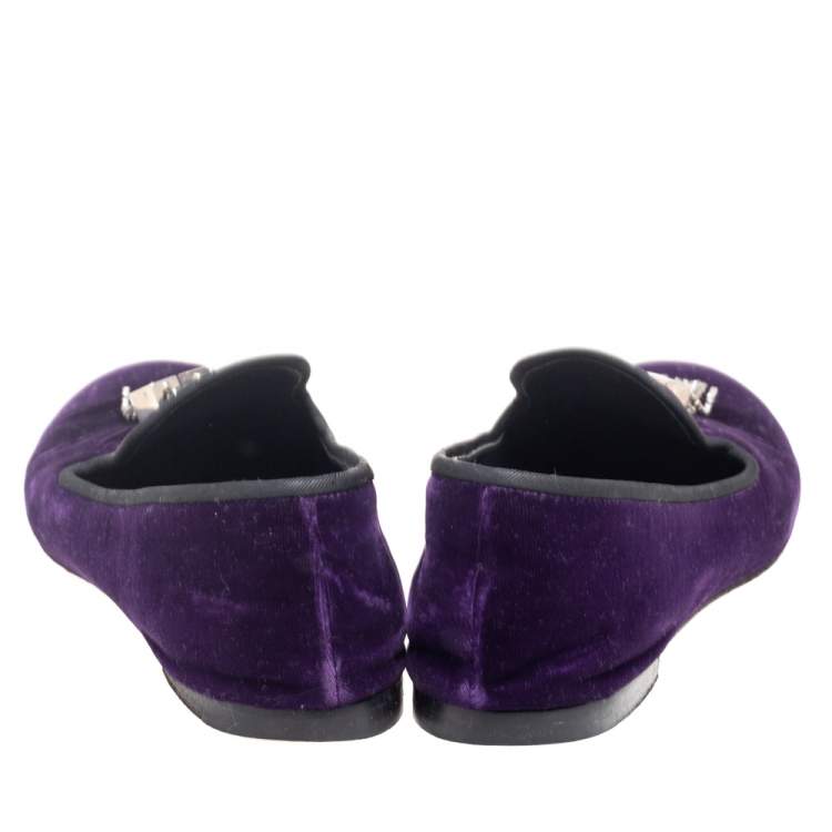 Pre Owned Giuseppe Zanotti  Purple Velvet Embellished Slip on Loafers Size 38