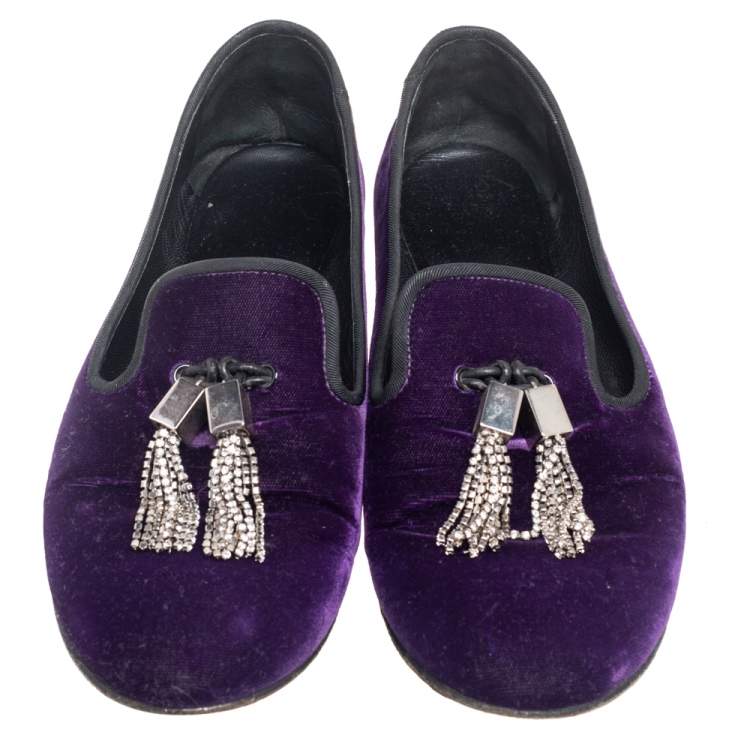 Pre Owned Giuseppe Zanotti  Purple Velvet Embellished Slip on Loafers Size 38