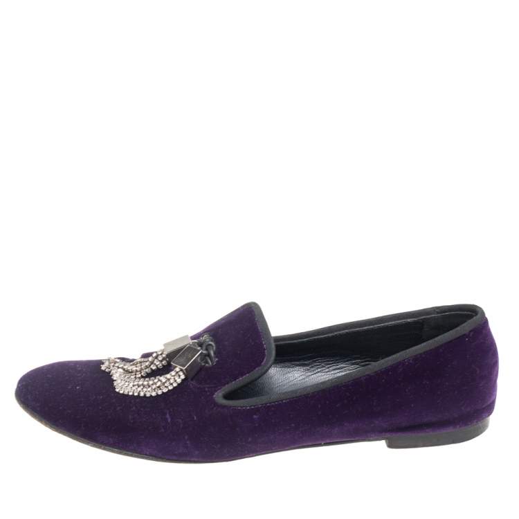Pre Owned Giuseppe Zanotti  Purple Velvet Embellished Slip on Loafers Size 38