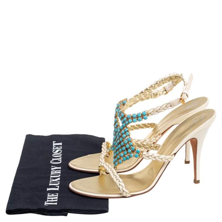 Pre Owned Giuseppe Zanotti Beige/Blue Crystal Embellished Braided Leather Ankle-Strap Sandals Size 41