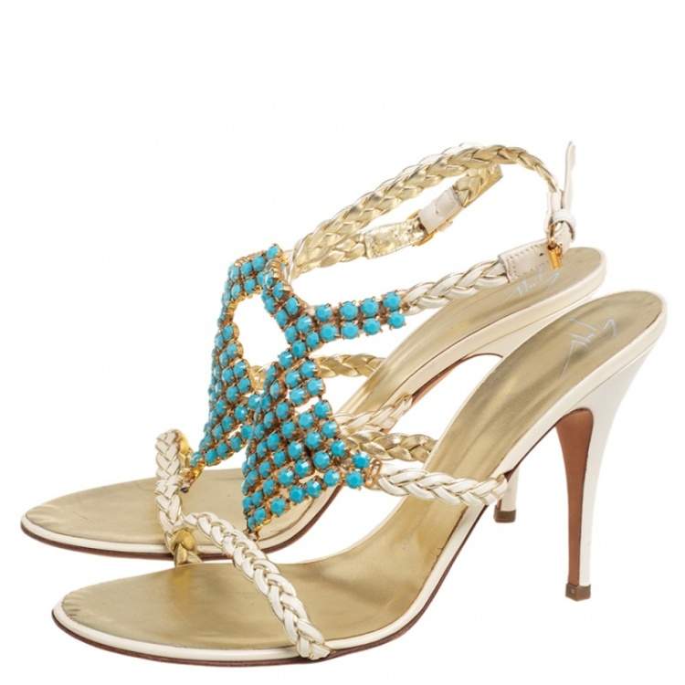 Pre Owned Giuseppe Zanotti Beige/Blue Crystal Embellished Braided Leather Ankle-Strap Sandals Size 41