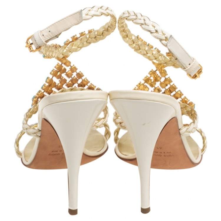 Pre Owned Giuseppe Zanotti Beige/Blue Crystal Embellished Braided Leather Ankle-Strap Sandals Size 41