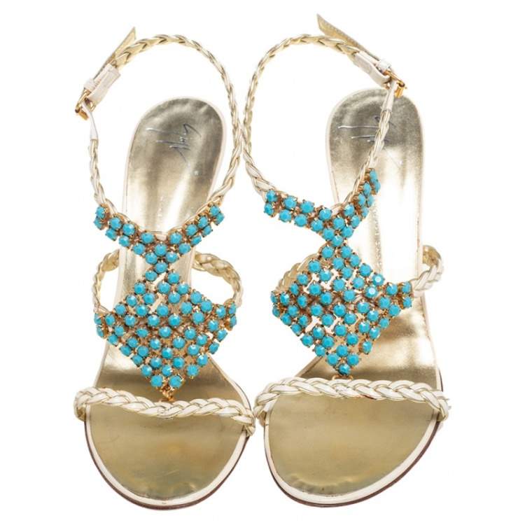 Pre Owned Giuseppe Zanotti Beige/Blue Crystal Embellished Braided Leather Ankle-Strap Sandals Size 41