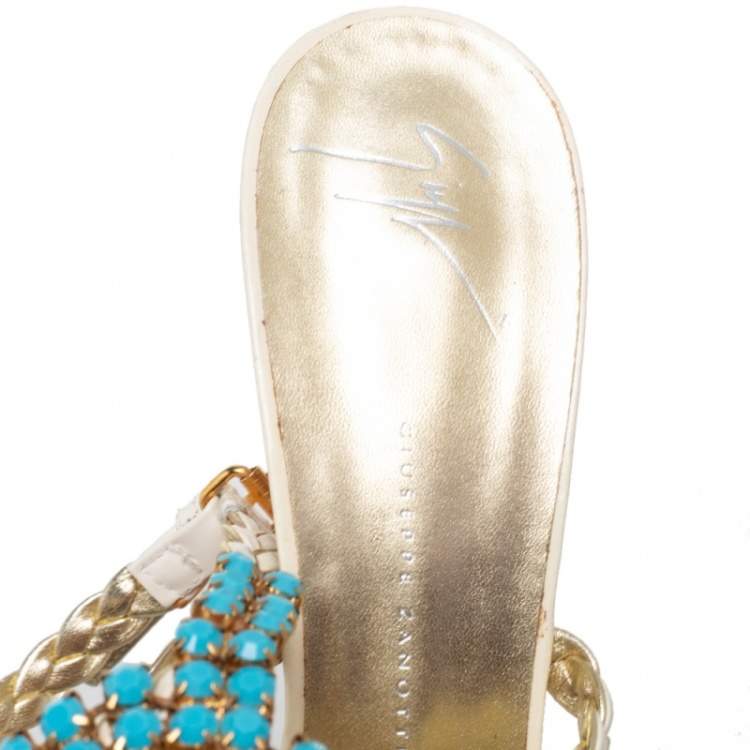 Pre Owned Giuseppe Zanotti Beige/Blue Crystal Embellished Braided Leather Ankle-Strap Sandals Size 41