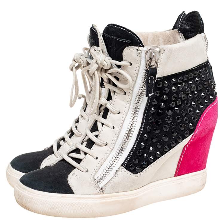 Pre Owned Giuseppe Zanotti Multicolor Crystal Embellished Suede Wedge Sneakers Size 37