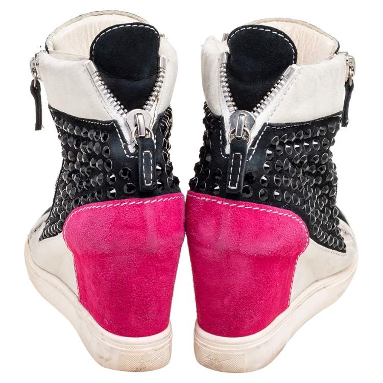 Pre Owned Giuseppe Zanotti Multicolor Crystal Embellished Suede Wedge Sneakers Size 37