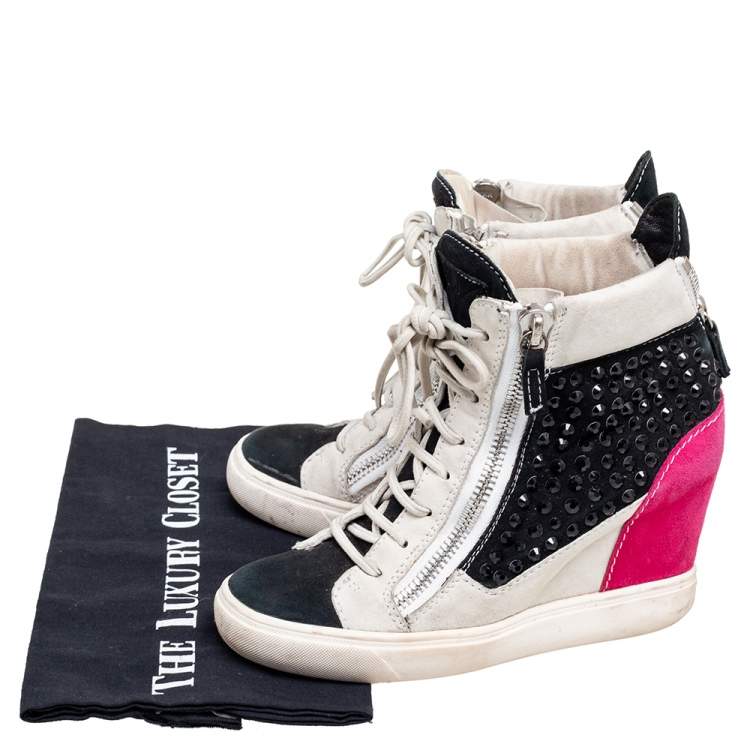 Pre Owned Giuseppe Zanotti Multicolor Crystal Embellished Suede Wedge Sneakers Size 37