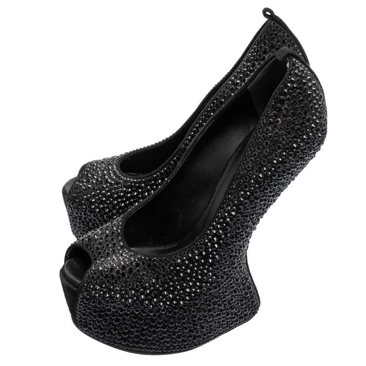Pre Owned Giuseppe Zanotti Black Crystal Embellished Suede Heelless Peep Toe Platform Pumps Size 37