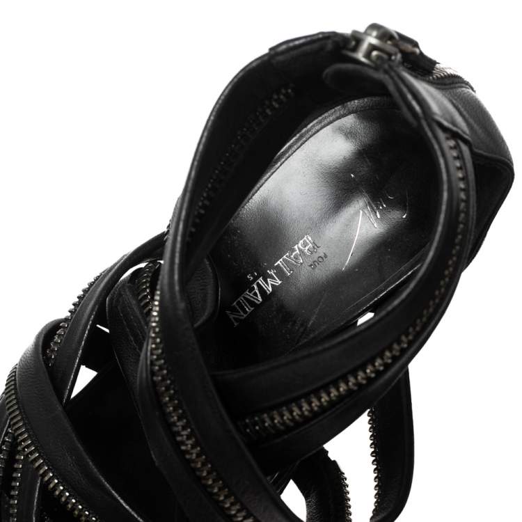Pre Owned Giuseppe Zanotti For Pierre Balmain Black Leather Zip-Embellished Sandals Size 36.5