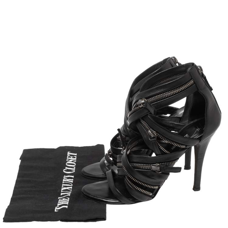 Pre Owned Giuseppe Zanotti For Pierre Balmain Black Leather Zip-Embellished Sandals Size 36.5