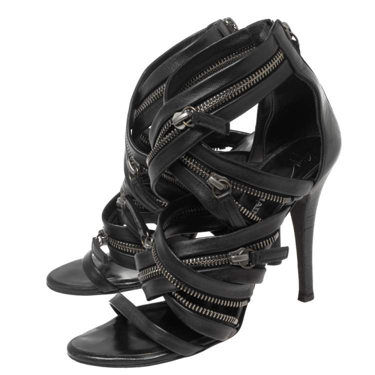 Pre Owned Giuseppe Zanotti For Pierre Balmain Black Leather Zip-Embellished Sandals Size 36.5