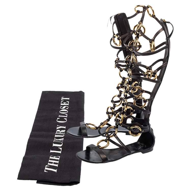 Pre Owned Giuseppe Zanotti Black/Gold Chained Leather Gladiator Sandals Size 37