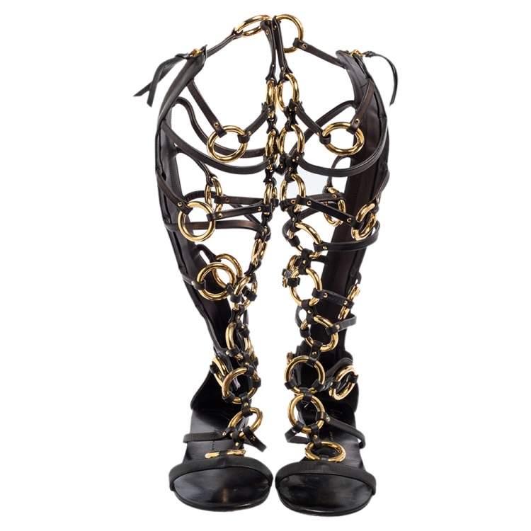 Pre Owned Giuseppe Zanotti Black/Gold Chained Leather Gladiator Sandals Size 37