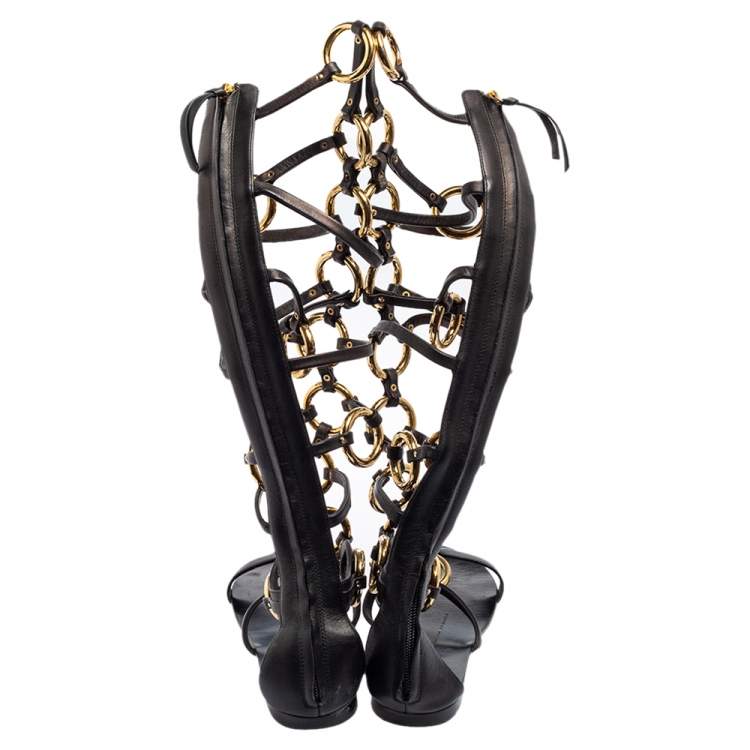 Pre Owned Giuseppe Zanotti Black/Gold Chained Leather Gladiator Sandals Size 37