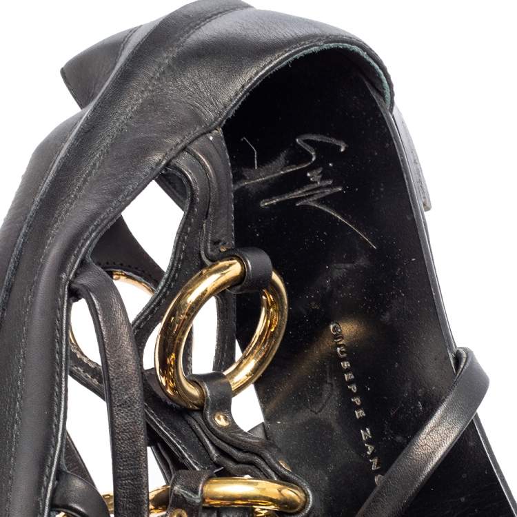 Pre Owned Giuseppe Zanotti Black/Gold Chained Leather Gladiator Sandals Size 37