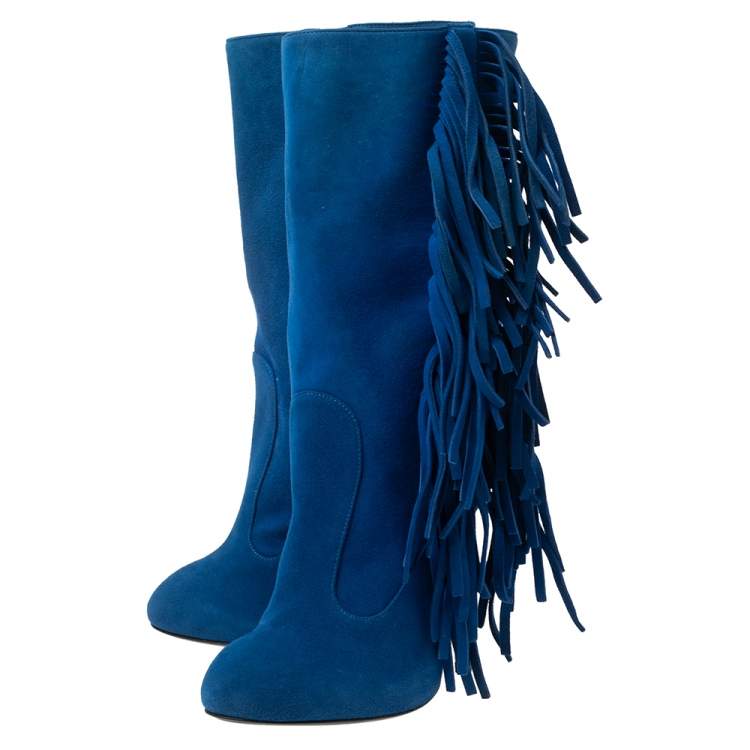 Pre Owned Giuseppe Zanotti Blue Suede Fringe Detail Mid Calf Boots Size 37