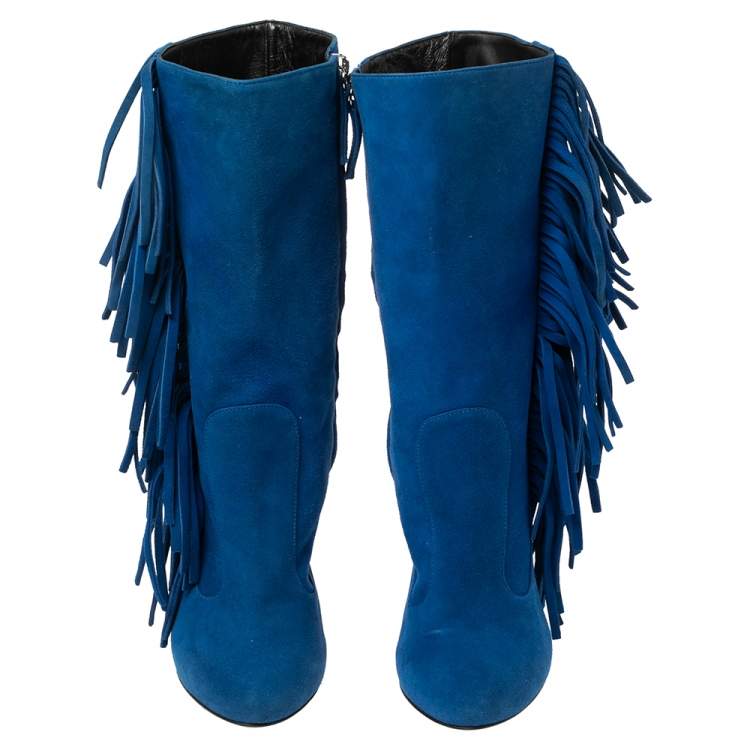 Pre Owned Giuseppe Zanotti Blue Suede Fringe Detail Mid Calf Boots Size 37