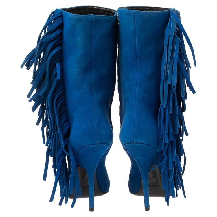 Pre Owned Giuseppe Zanotti Blue Suede Fringe Detail Mid Calf Boots Size 37