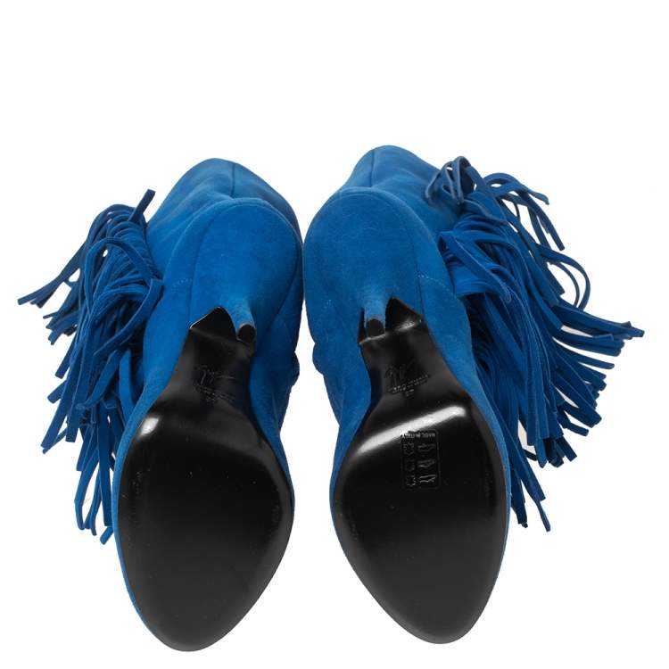 Pre Owned Giuseppe Zanotti Blue Suede Fringe Detail Mid Calf Boots Size 37