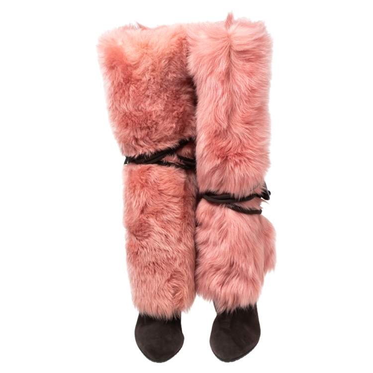 Pre Owned Giuseppe Zanotti Brown/Pink Suede and Fur Lined Knee Boots Size 37