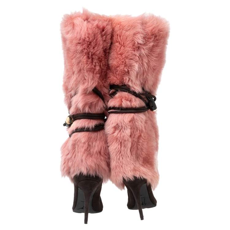 Pre Owned Giuseppe Zanotti Brown/Pink Suede and Fur Lined Knee Boots Size 37